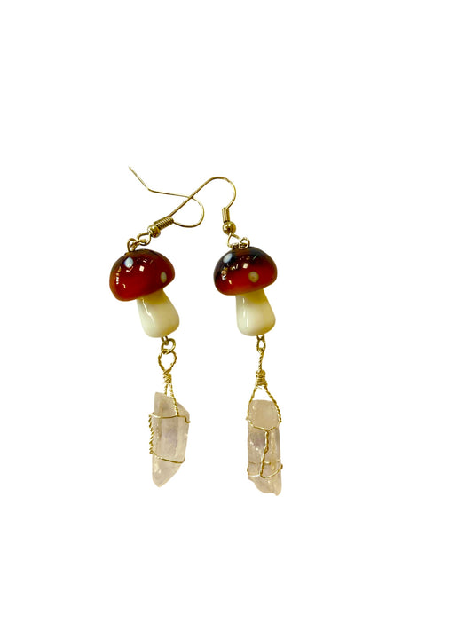Emerald Wolf- hand wrapped mushroom quartz dangle earrings