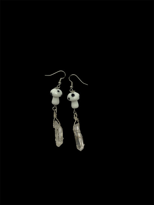 Emerald Wolf - ghost mushroom Arkansas quartz hand beaded/wrapped dangle earrings