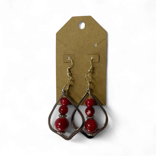 Lori Lou's - handmade red and silver beaded dangle earrings
