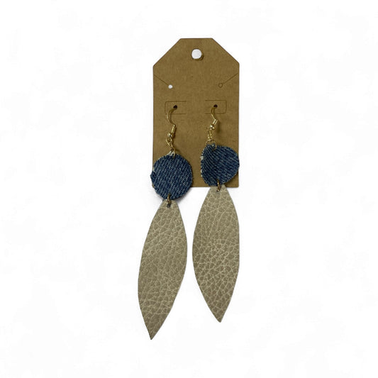 Lori Lou's - handmade denim leather feather dangle earrings