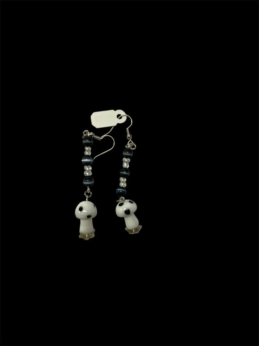 Emerald Wolf - ghost mushroom hand beaded dangle earrings