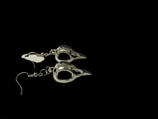 Emerald Wolf - silver bird skull dangle earrings