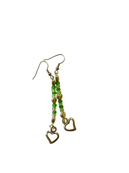 Emerald Wolf- hand beaded green heart dangle earrings