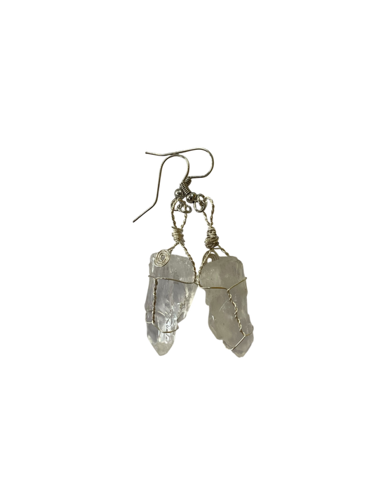 Emerald Wolf - hand wrapped Arkansas quartz dangle earrings