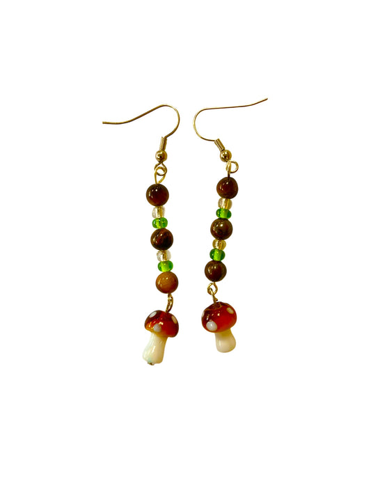 Emerald Wolf - hand beaded green mini mushroom dangle earrings