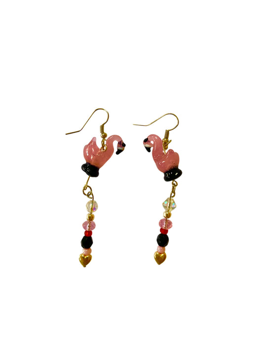 Emerald Wolf- hand beaded pink flamingo dangle earrings