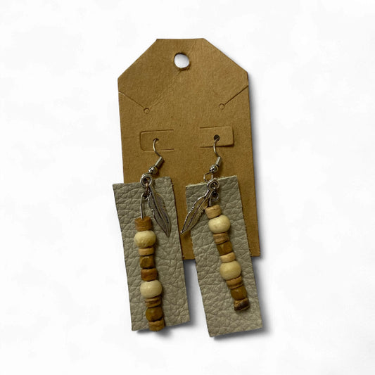 Lori Lou's - handmade beige leather beaded rectangle dangle earrings