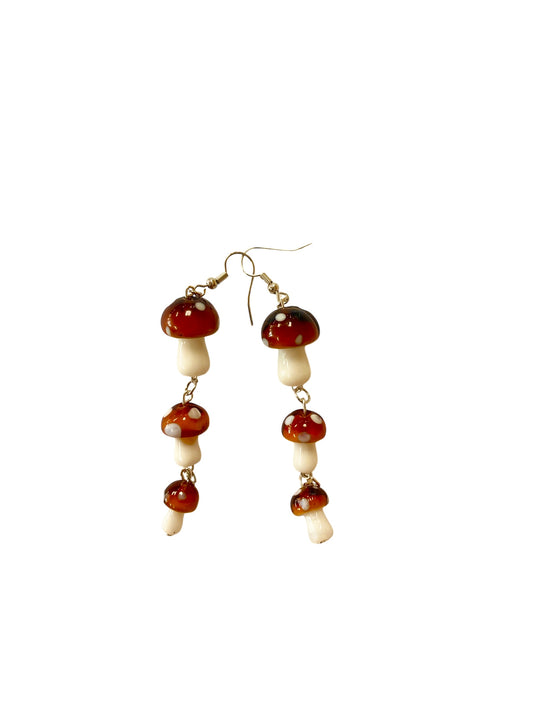 Emerald Wolf -  hand beaded nesting mushrooms dangle earrings