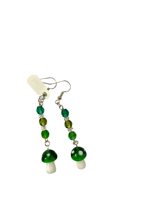 Emerald Wolf - green hand beaded mushroom dangle earrings