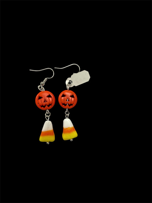 Emerald Wolf- jack-o'-lantern candy corn hand beaded dangle earrings