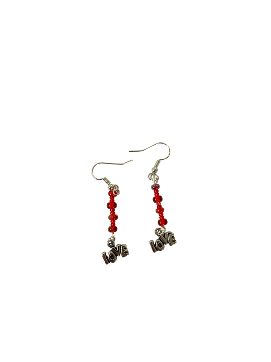 Emerald Wolf - red hand beaded love dangle earrings