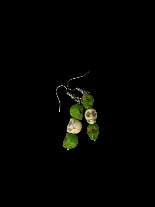 Emerald Wolf - triple green & white skull hand beaded dangle earrings