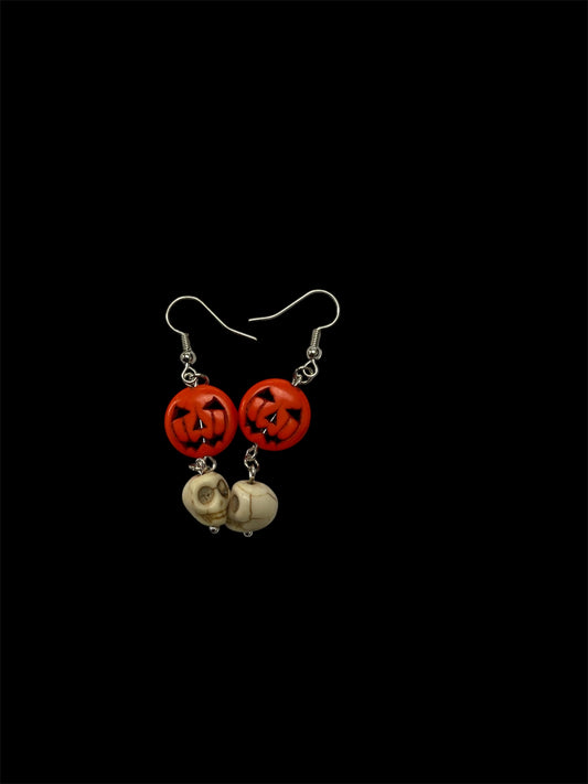 Emerald Wolf- jack-o'-lantern skull hand beaded dangle earrings
