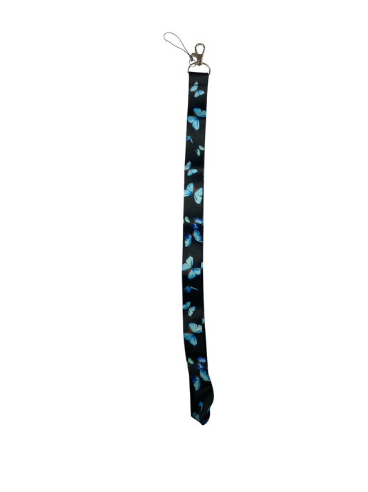blue and black butterfly print lanyard