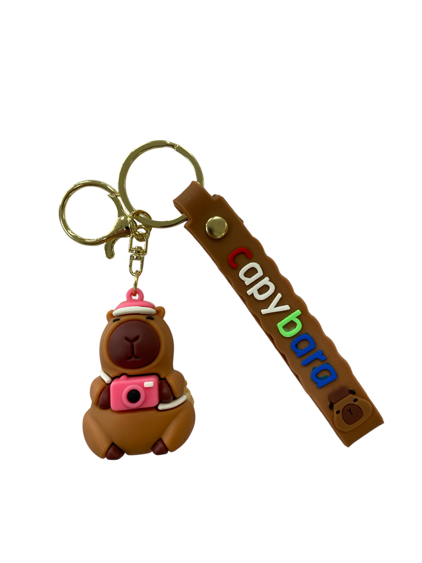 the pink photographer capybara character keychain
