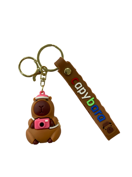 the pink photographer capybara character keychain