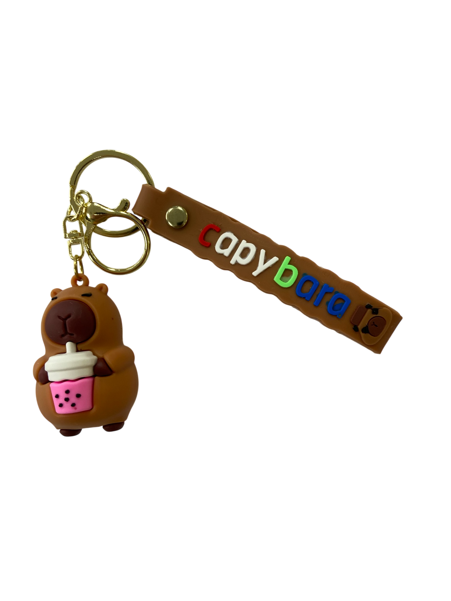 pink boba sippin capybara character keychain