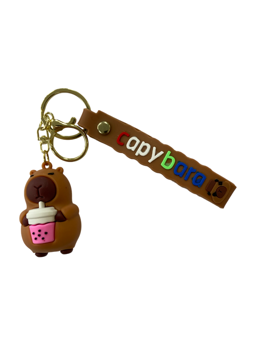pink boba sippin capybara character keychain