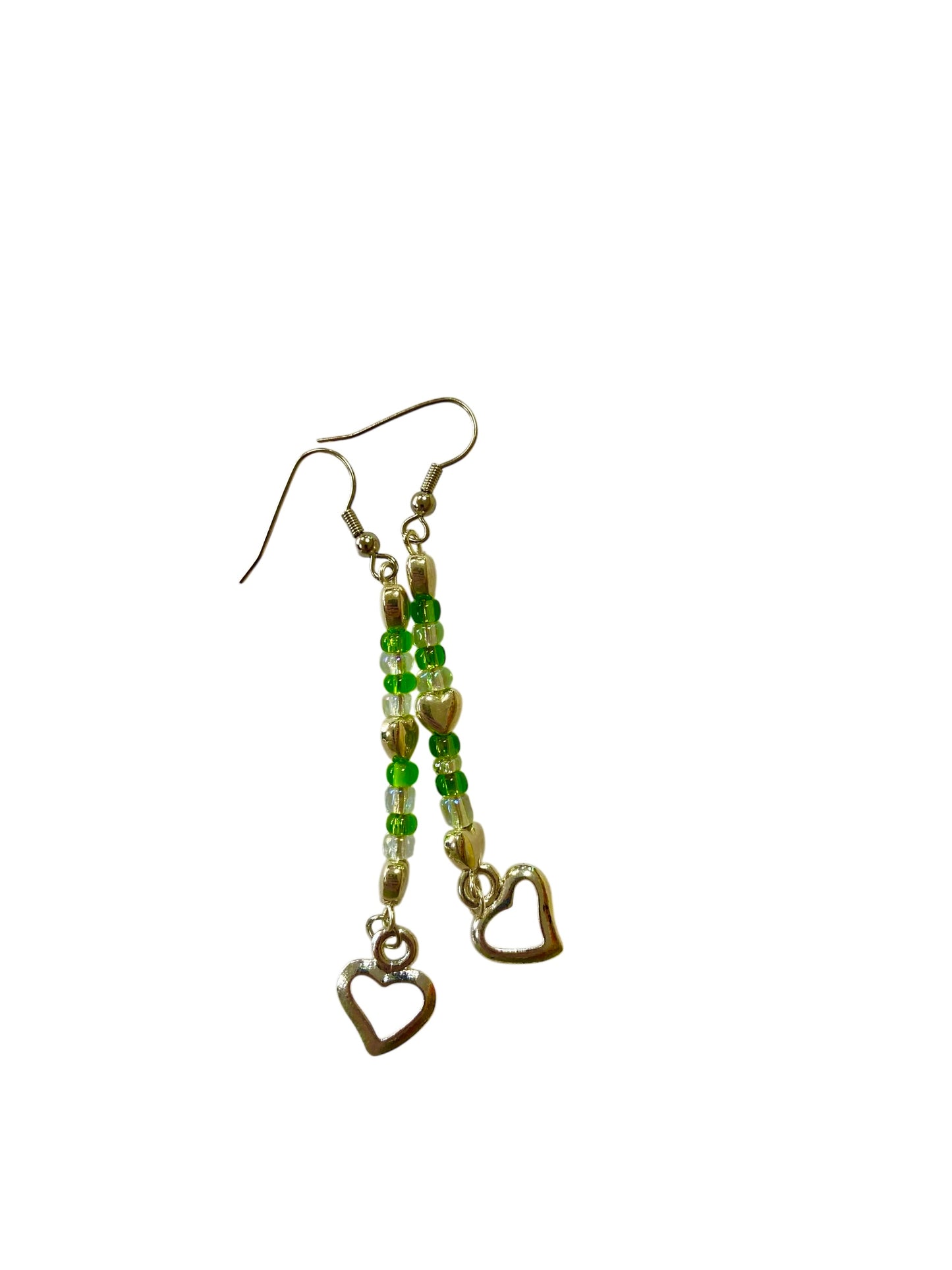 Emerald Wolf- hand beaded green heart dangle earrings