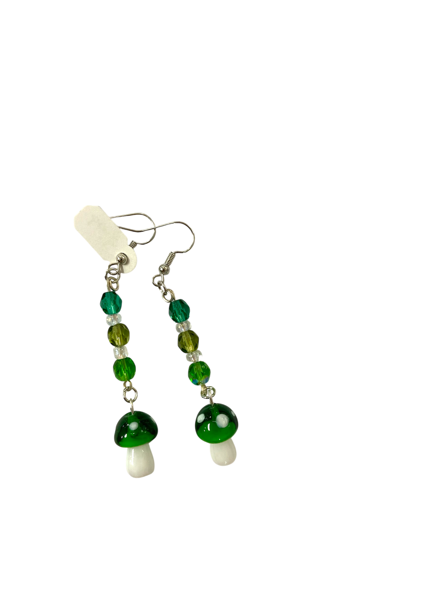 Emerald Wolf - green hand beaded mushroom dangle earrings